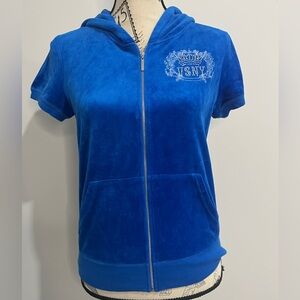 Blue Y2K Velour Rhinestone Women's Short Sleeve Hoodie
